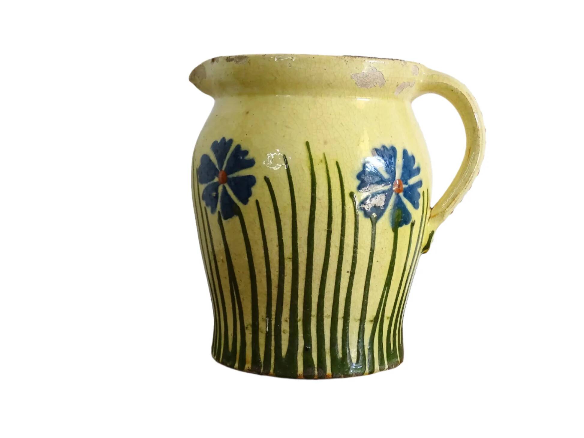 Pichet ancien en faïence française orné de fleurs peintes à la main