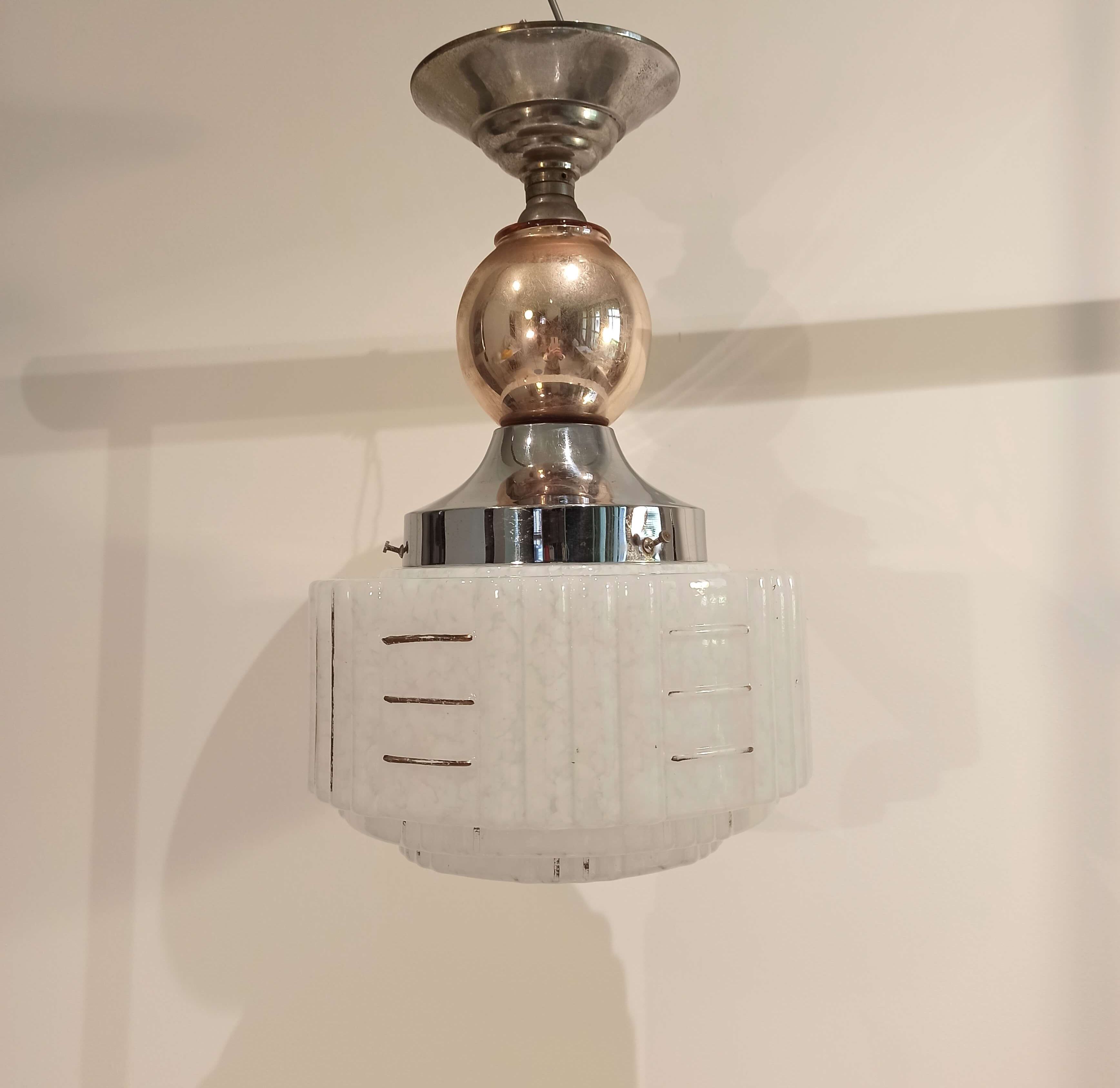 Art deco chandelier white clichy glass chrome and copper
