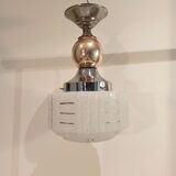 Art deco chandelier white clichy glass chrome and copper