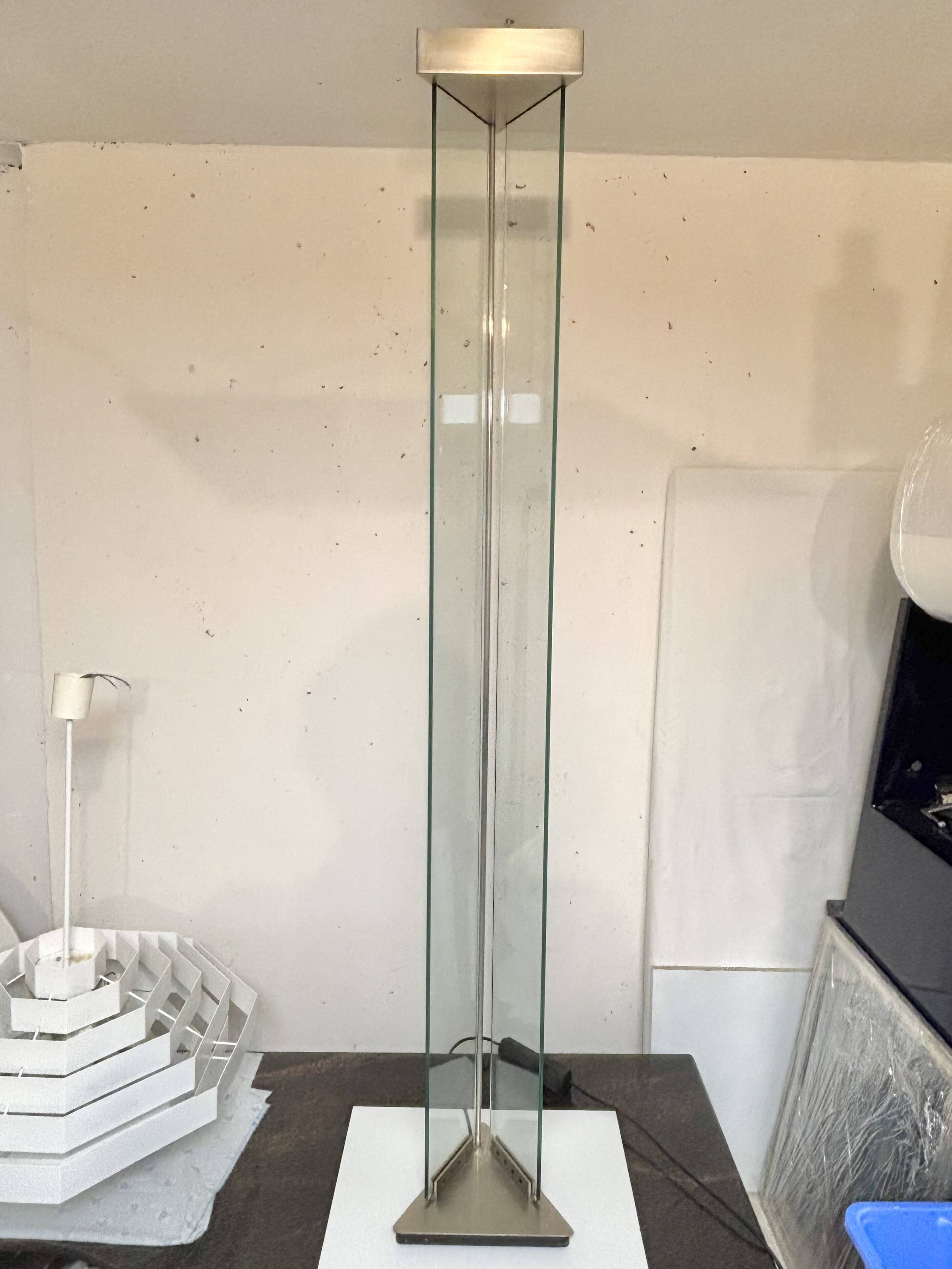 Glass and chrome-plated steel floor lamp, Mauro Marzollo, TVE 1980