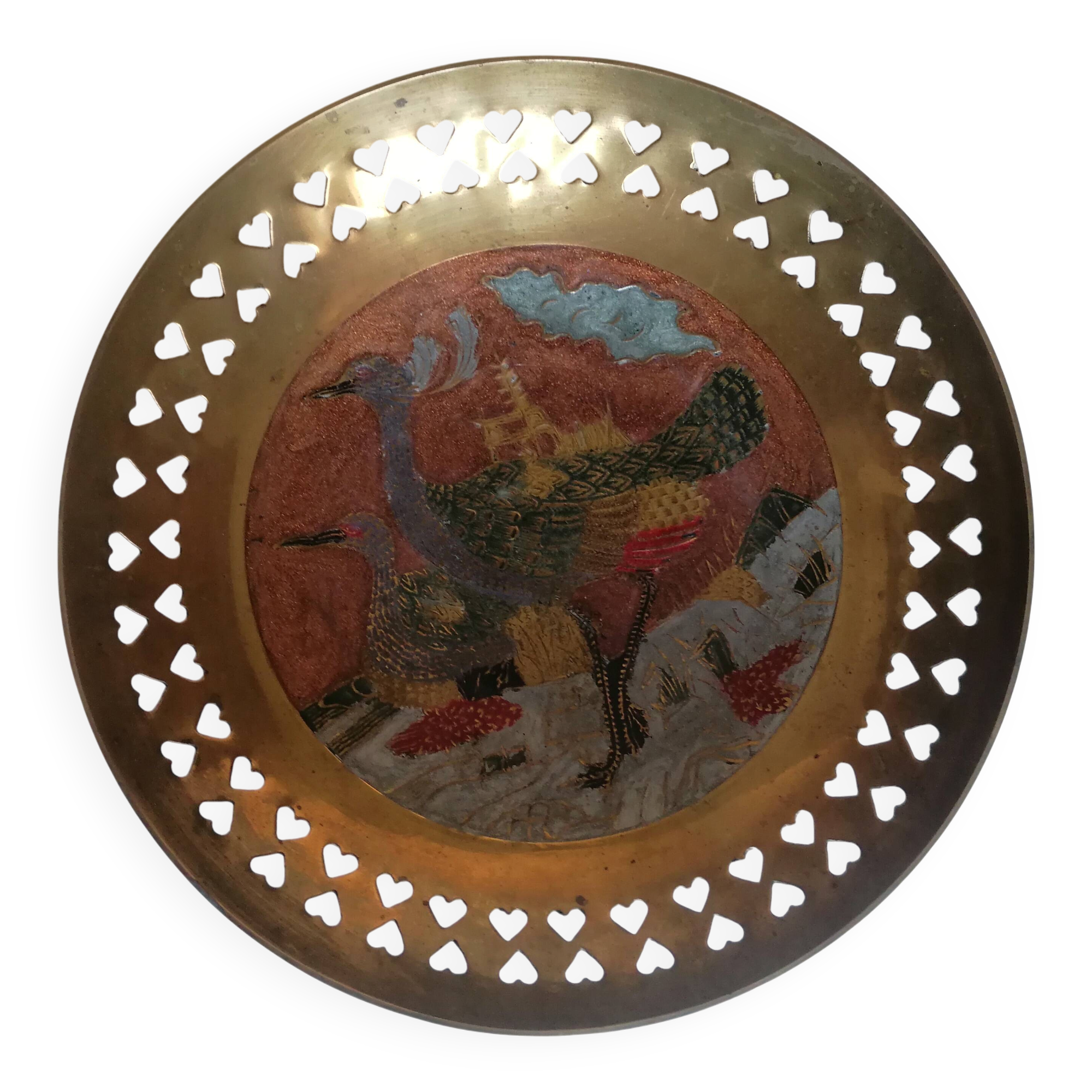 Enamelled brass bowl with peacock decoration
