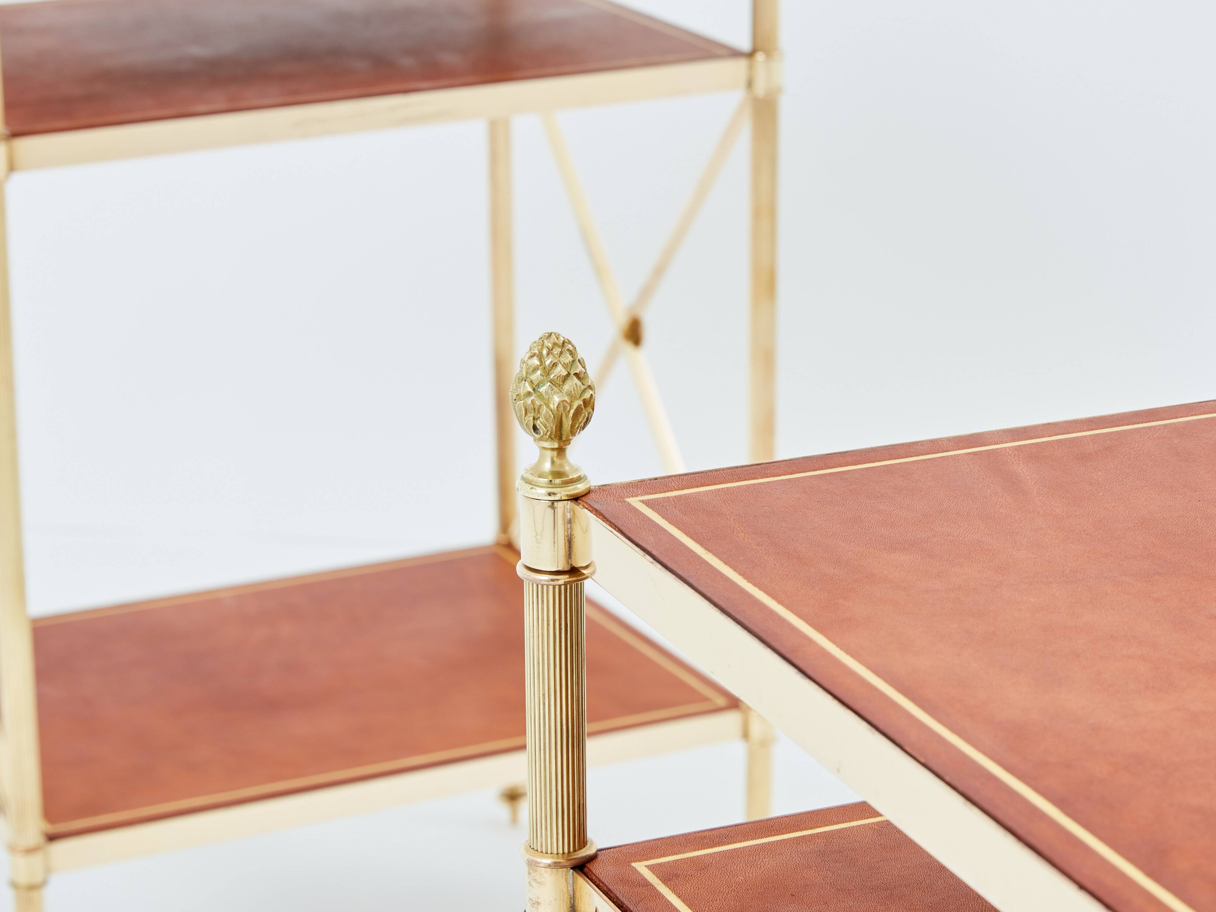 Pair of neoclassical brass leather side tables style Maison Jansen 1970