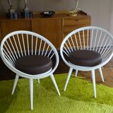 Pair of Scandinavian Armchairs, Wood and Leather