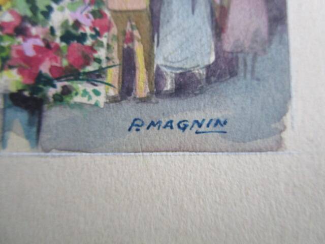 Old watercolour Paris - La Madeleine flower market - signed P. MAGNIN