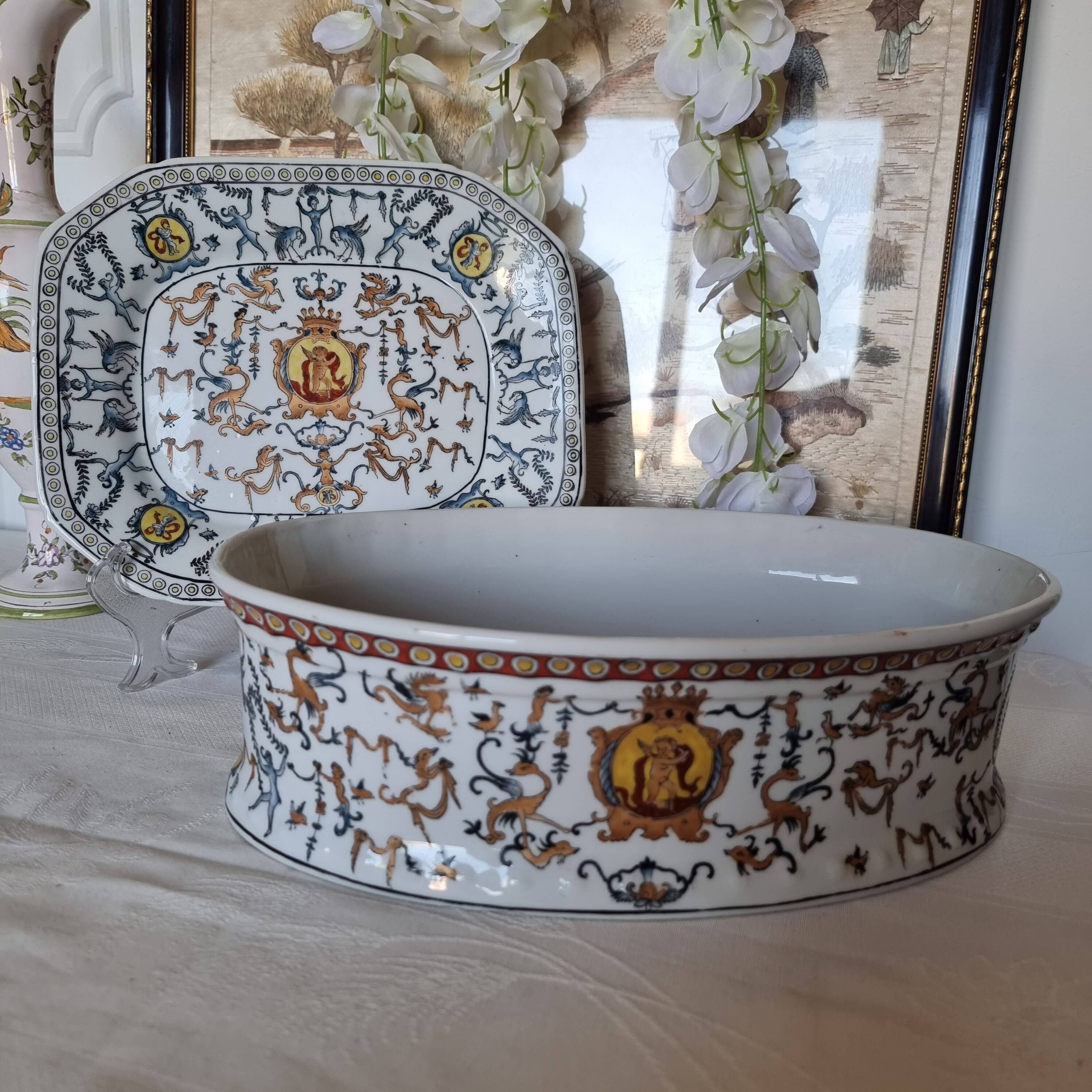 Hand-painted Toussi Court plate or tray and planter set