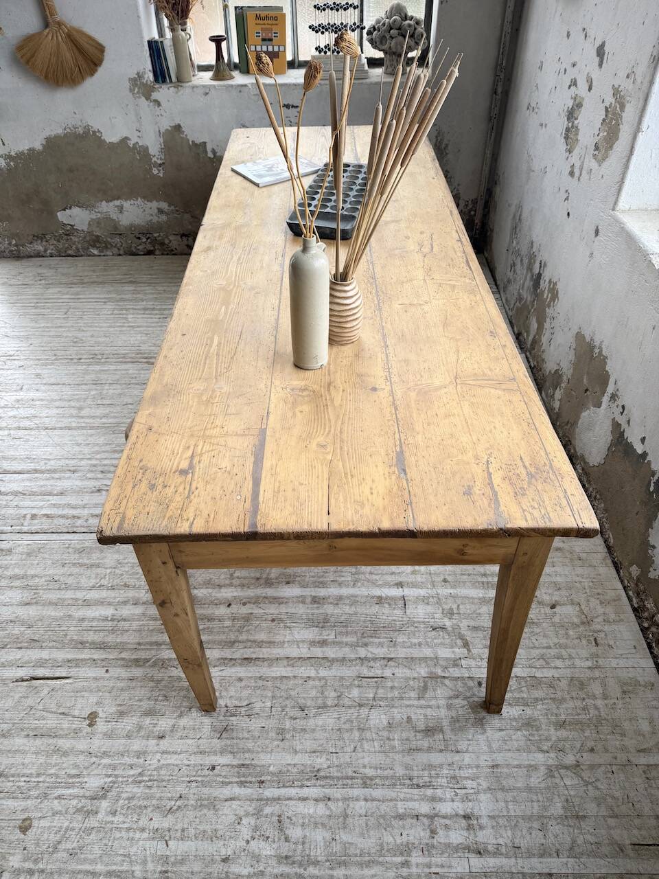 Pine and oak farmhouse table with multiple drawers, communal type, 240cm.