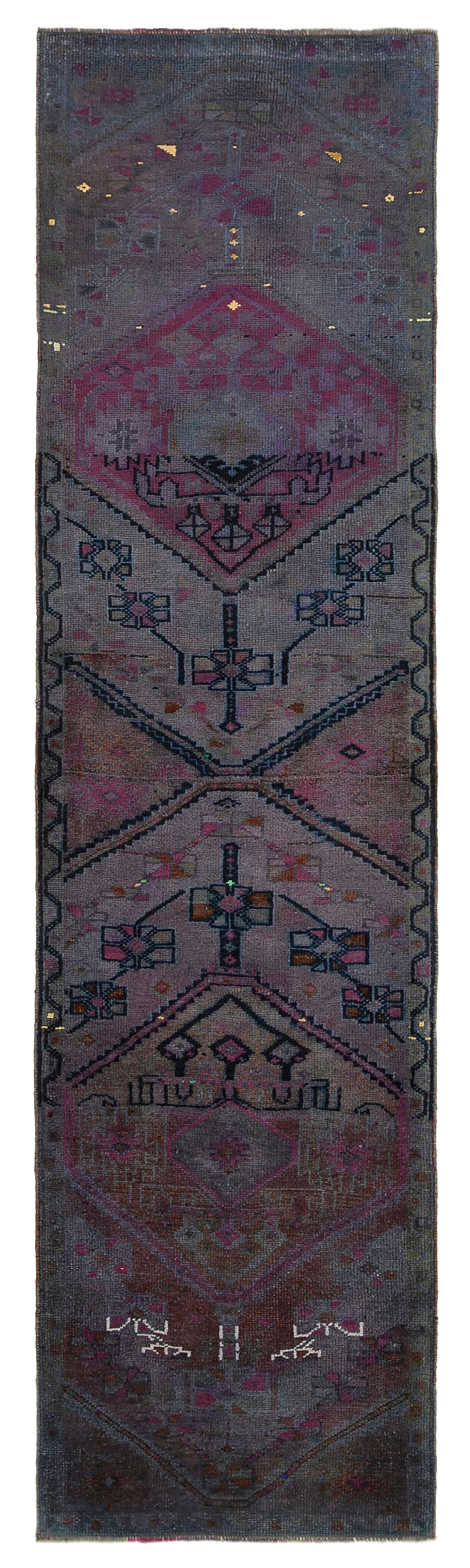 Handwoven distressed anatolian purple runner carpet 85 cm x 317 cm