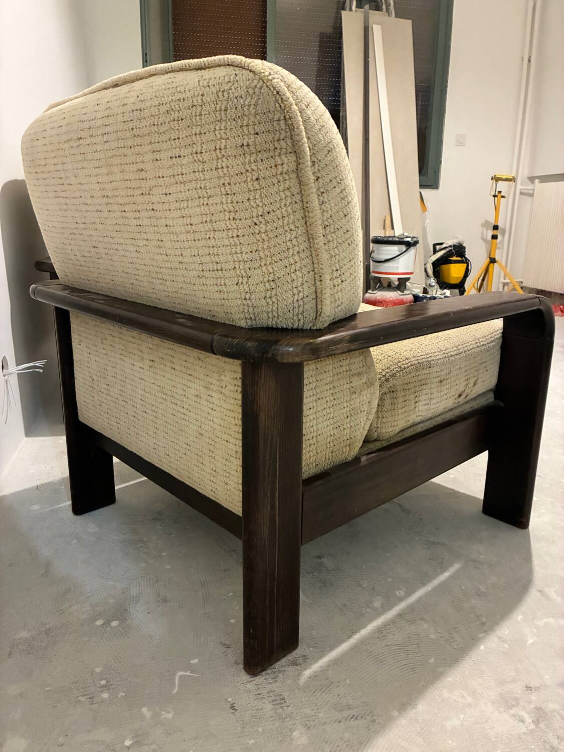 Pair of vintage beech and fabric armchairs, France, 1970s