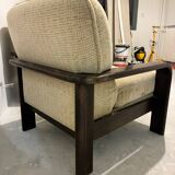 Pair of vintage beech and fabric armchairs, France, 1970s