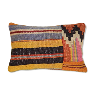 Boho style large handwoven patchwork cushion cover kilim, office and living room decor, woven wool lumbar throw pillow cover 35 x 50 cm