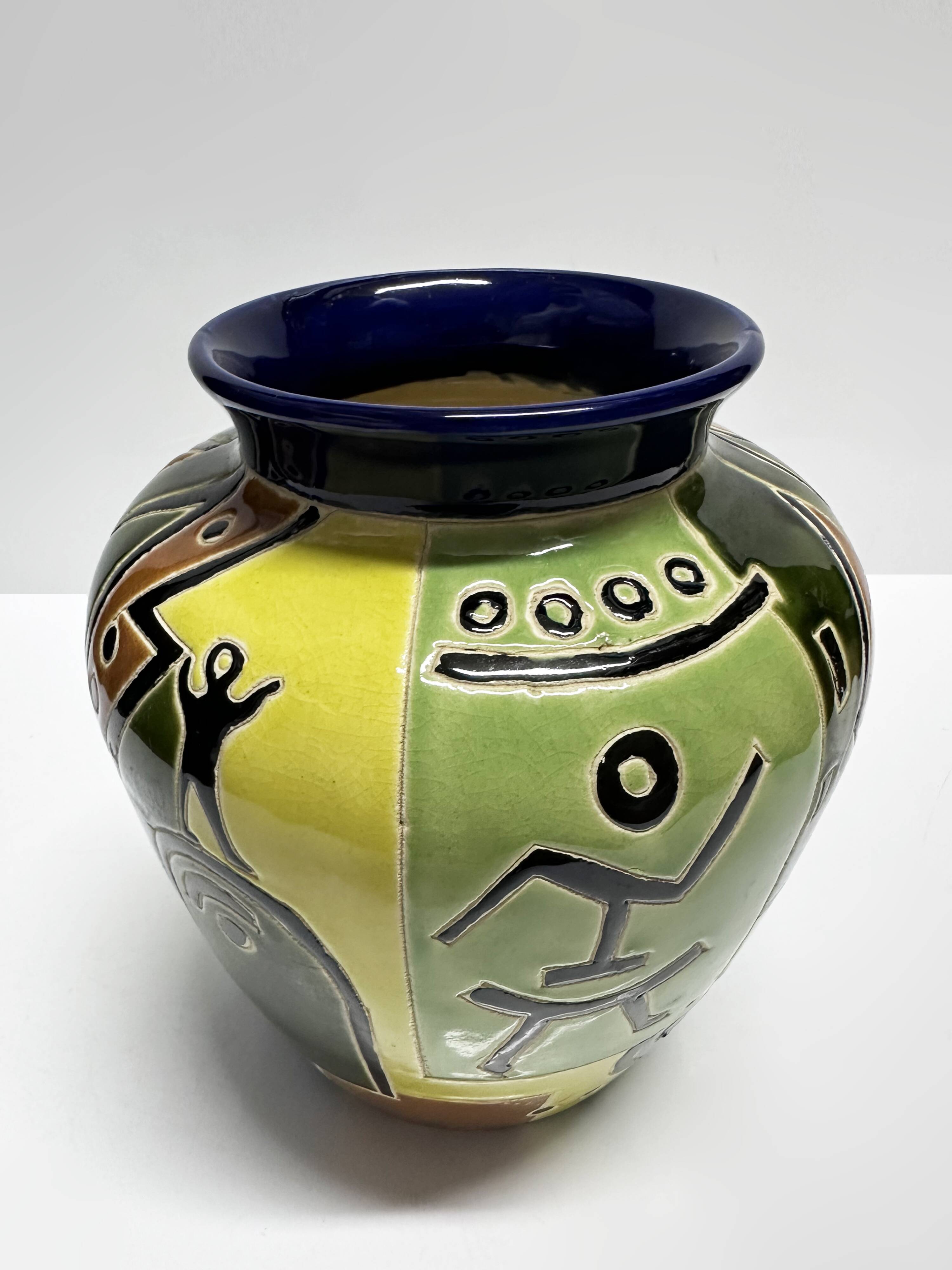 Glazed ceramic vase with Africanist decoration, France 1980s.