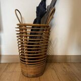 Vintage rattan umbrella stand made of bamboo and rattan from the 60s with two handles