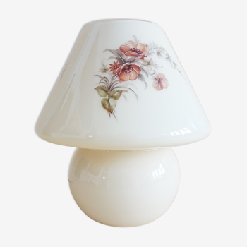Lampe de table champignon en verre beige avec décor floral