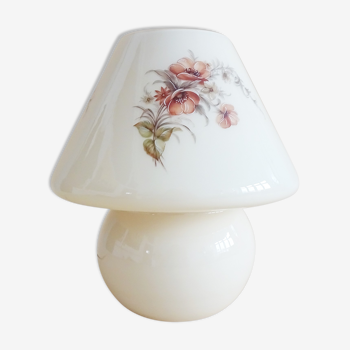 Mushroom table lamp made of glass in beige with floral decor