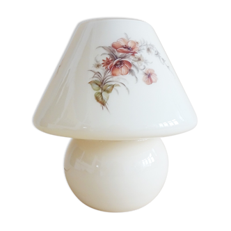 Lampe de table champignon en verre beige avec décor floral
