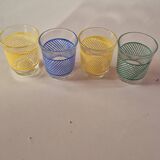 set of 4 vintage liqueur glasses in yellow, green, and blue