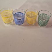 set of 4 vintage liqueur glasses in yellow, green, and blue