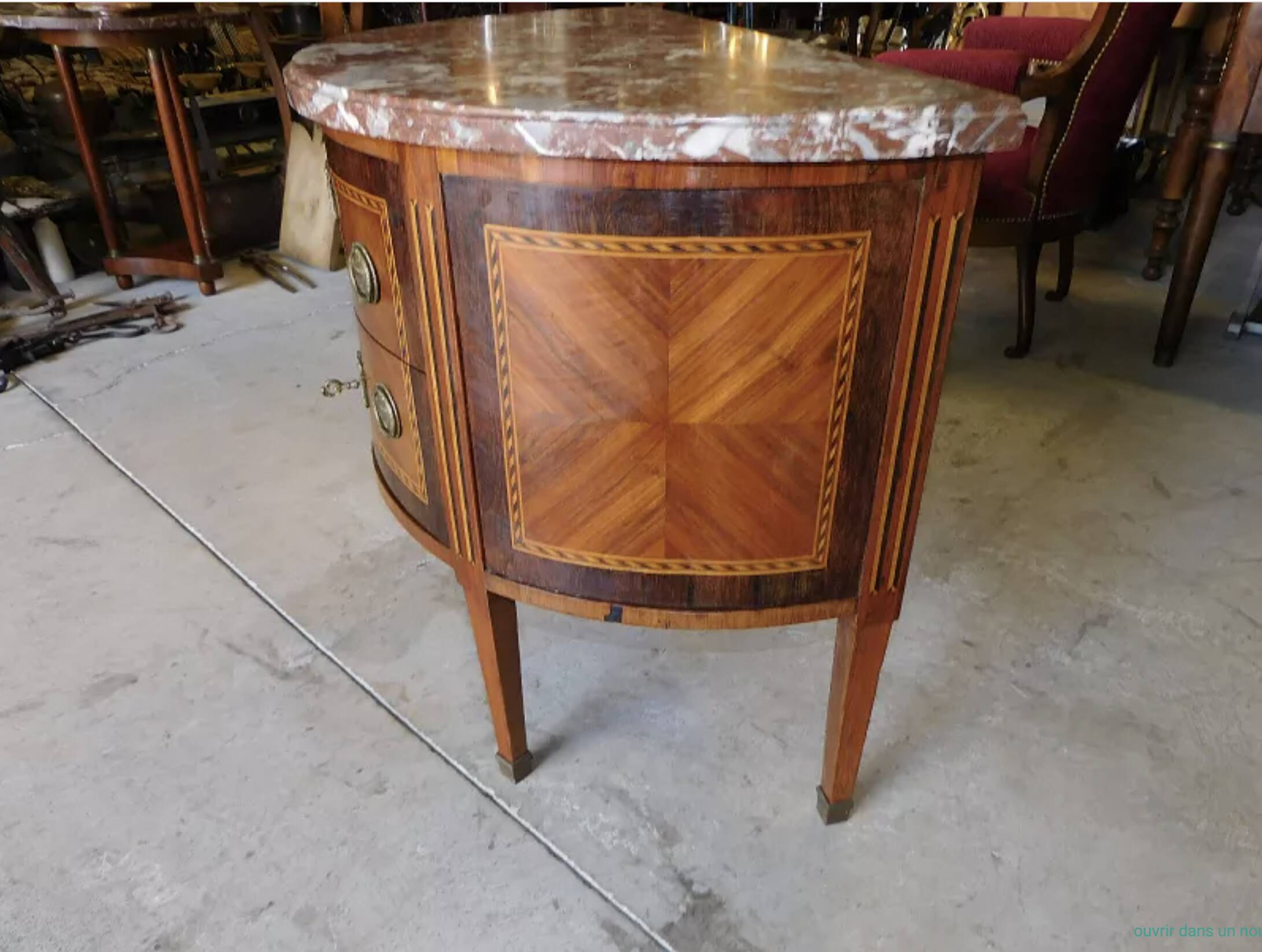 Chest of drawers half moon marquetry 2 drawers marble top late nineteenth century