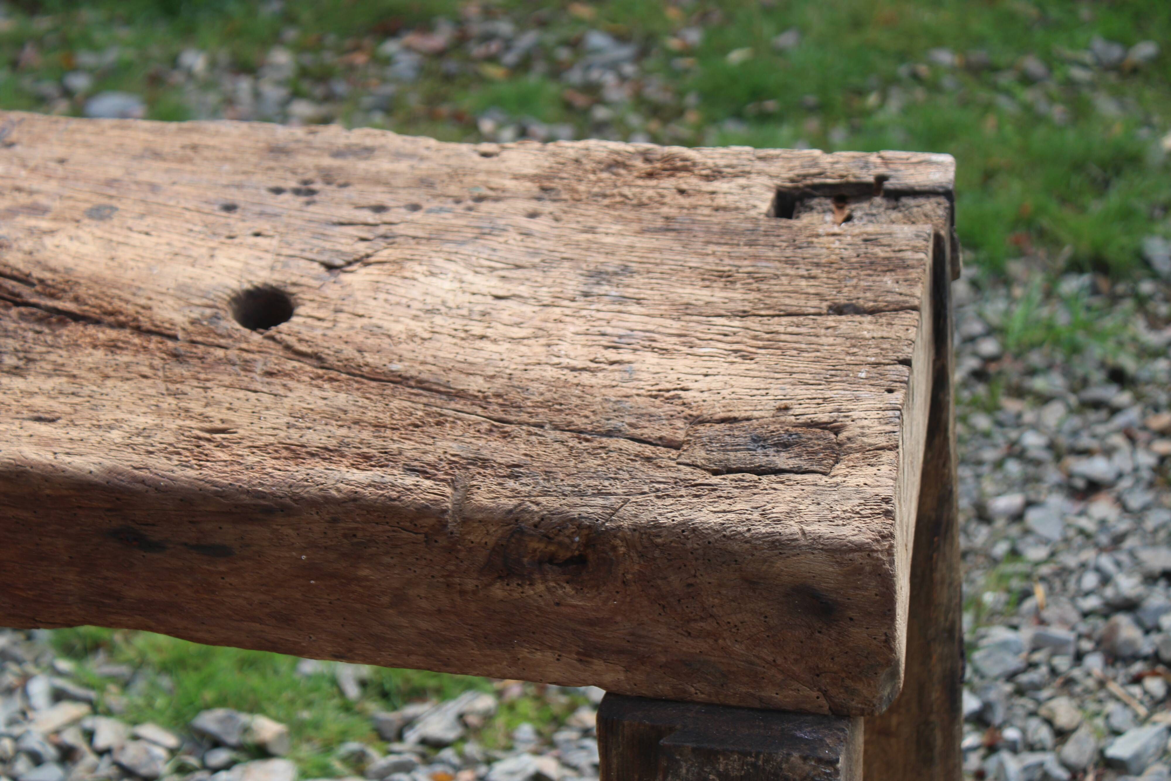 Old solid wood workbench – character console, thick top – 165 cm