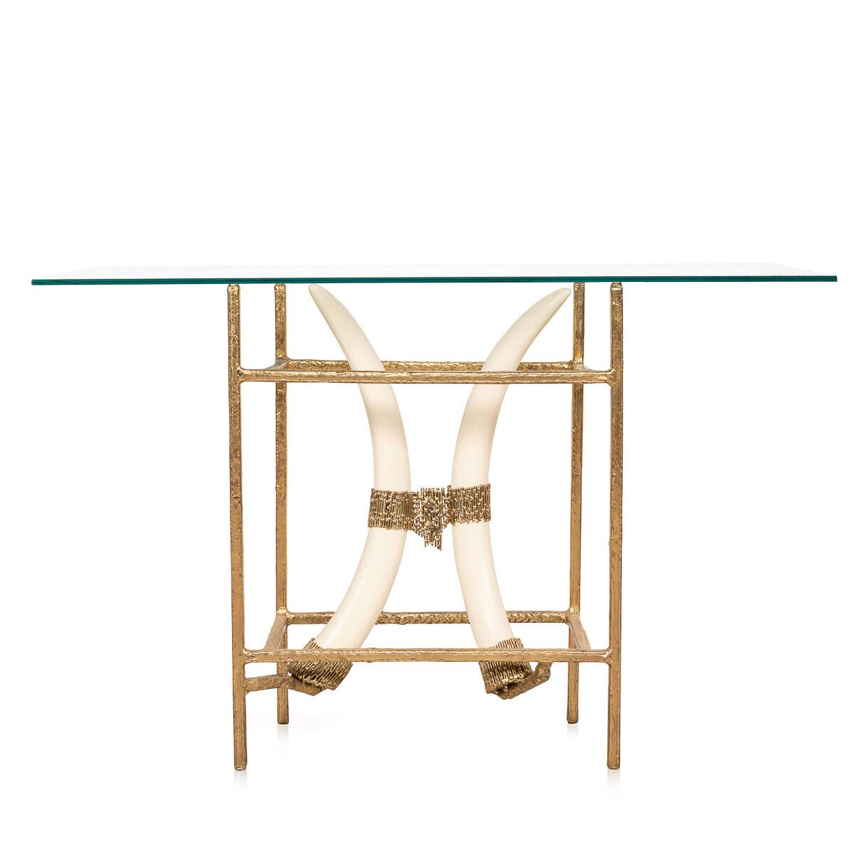 TABLE CONSOLE EN RÉSINE AVEC TUSKS FRANÇAISE INHABITUELLE DES ANNÉES 1970, HENRI FERNANDEZ c.1970