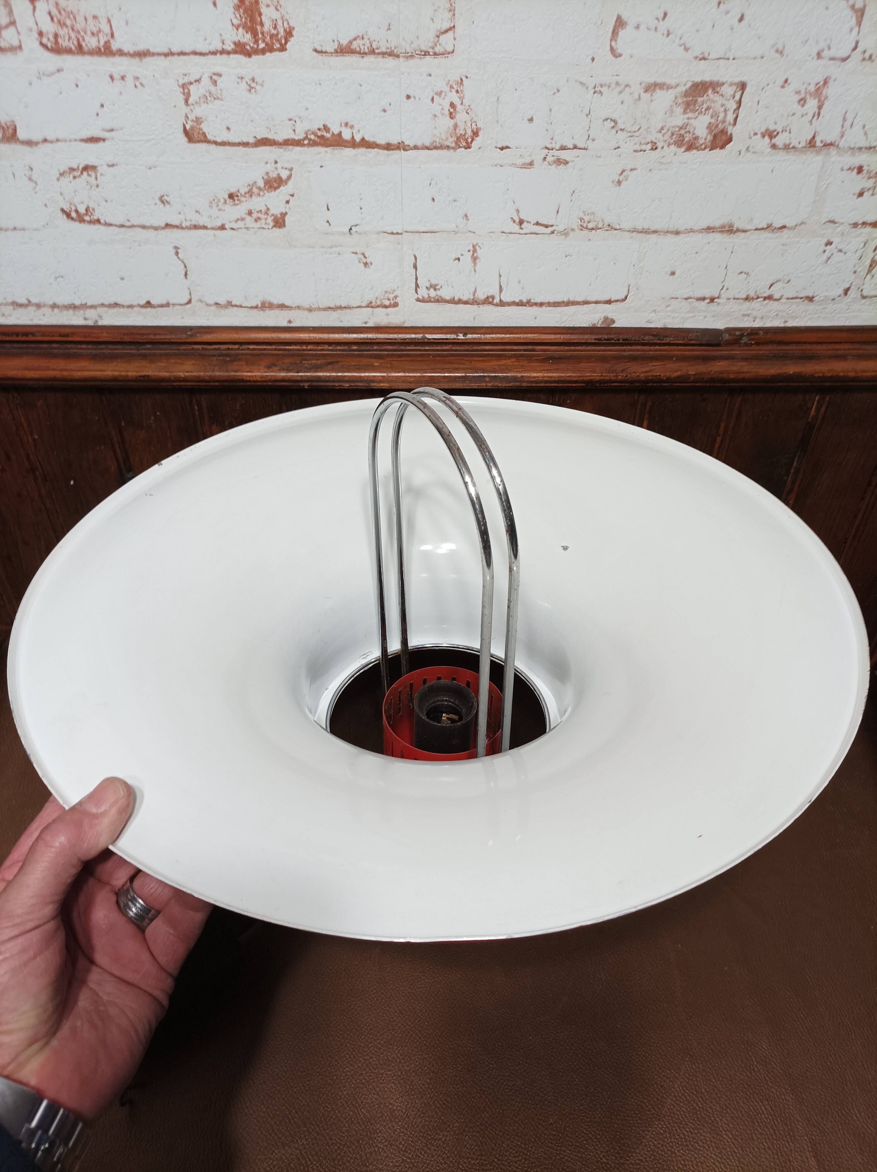 Suspension, red and white metal chandelier from the 70s