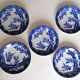 5 white and blue Japanese porcelain tea cups