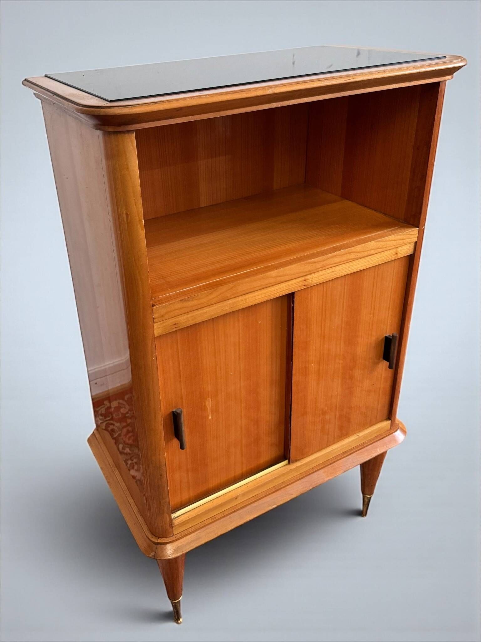 Vintage 1950s hi-fi cabinet – Scandinavian style – blond wood with brass legs