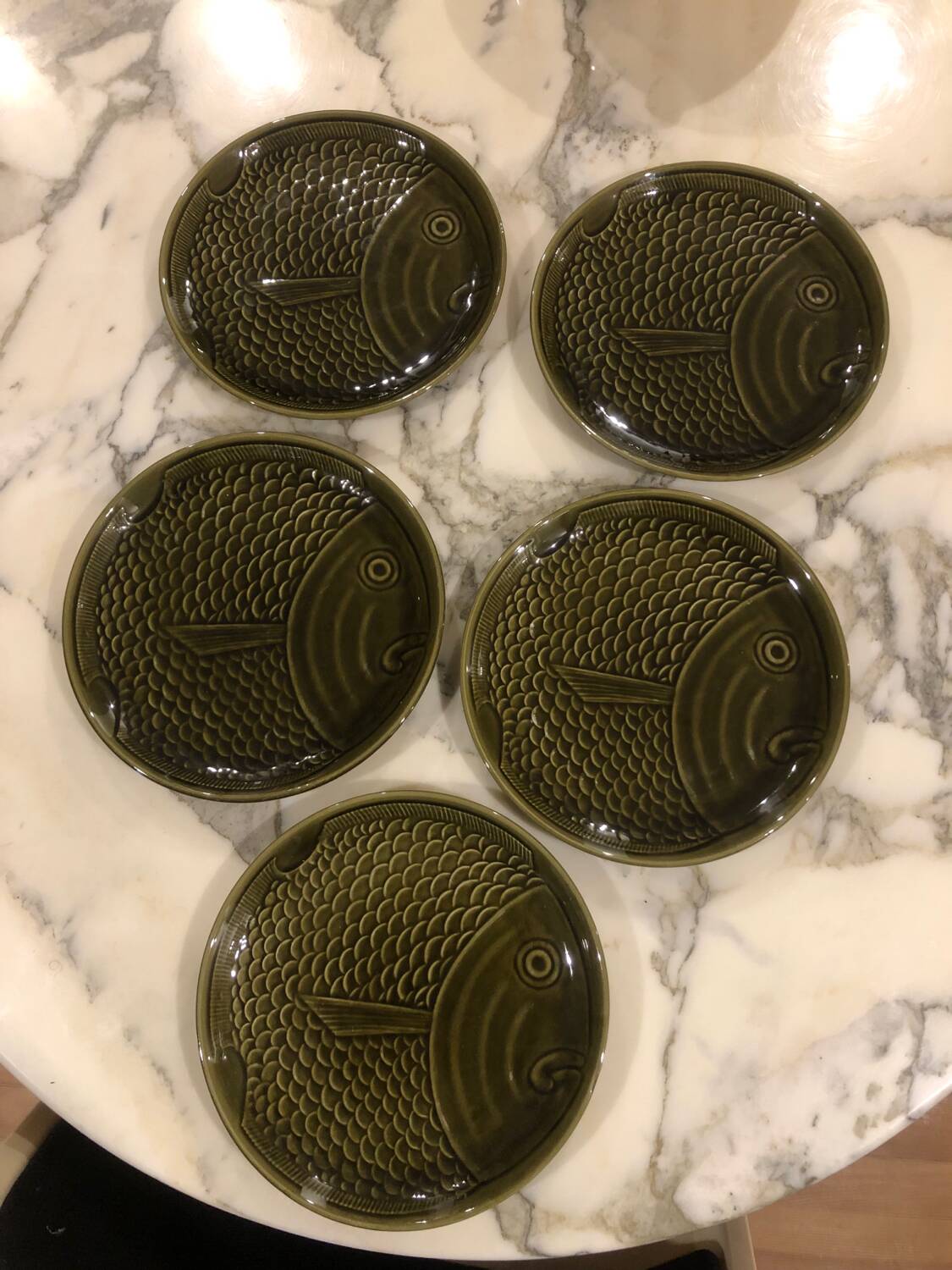 Set of 5 vintage green fish plates