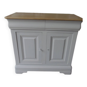 Louis Philippe style sideboard with pearl gray patina, 2 doors, drawers, wooden top.