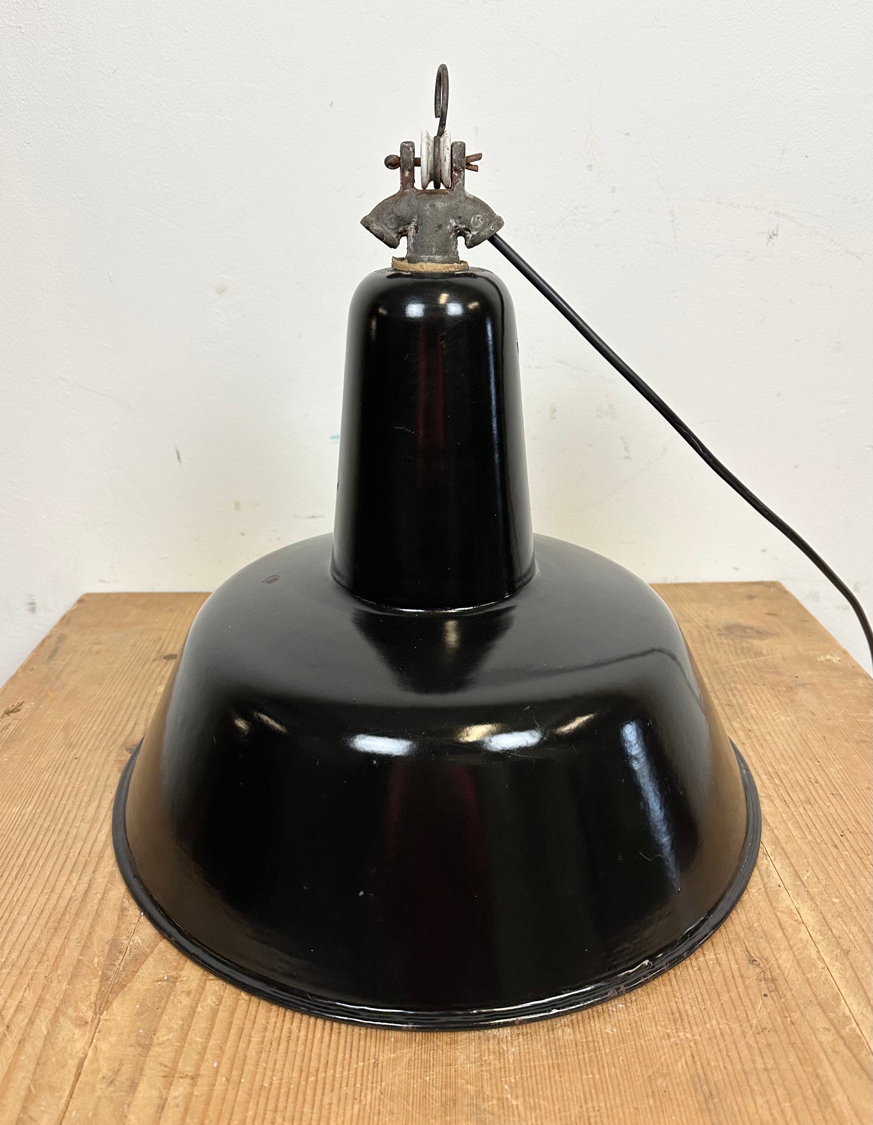 Industrial Black Enamel Factory Lamp with Cast Iron Top, 1950s