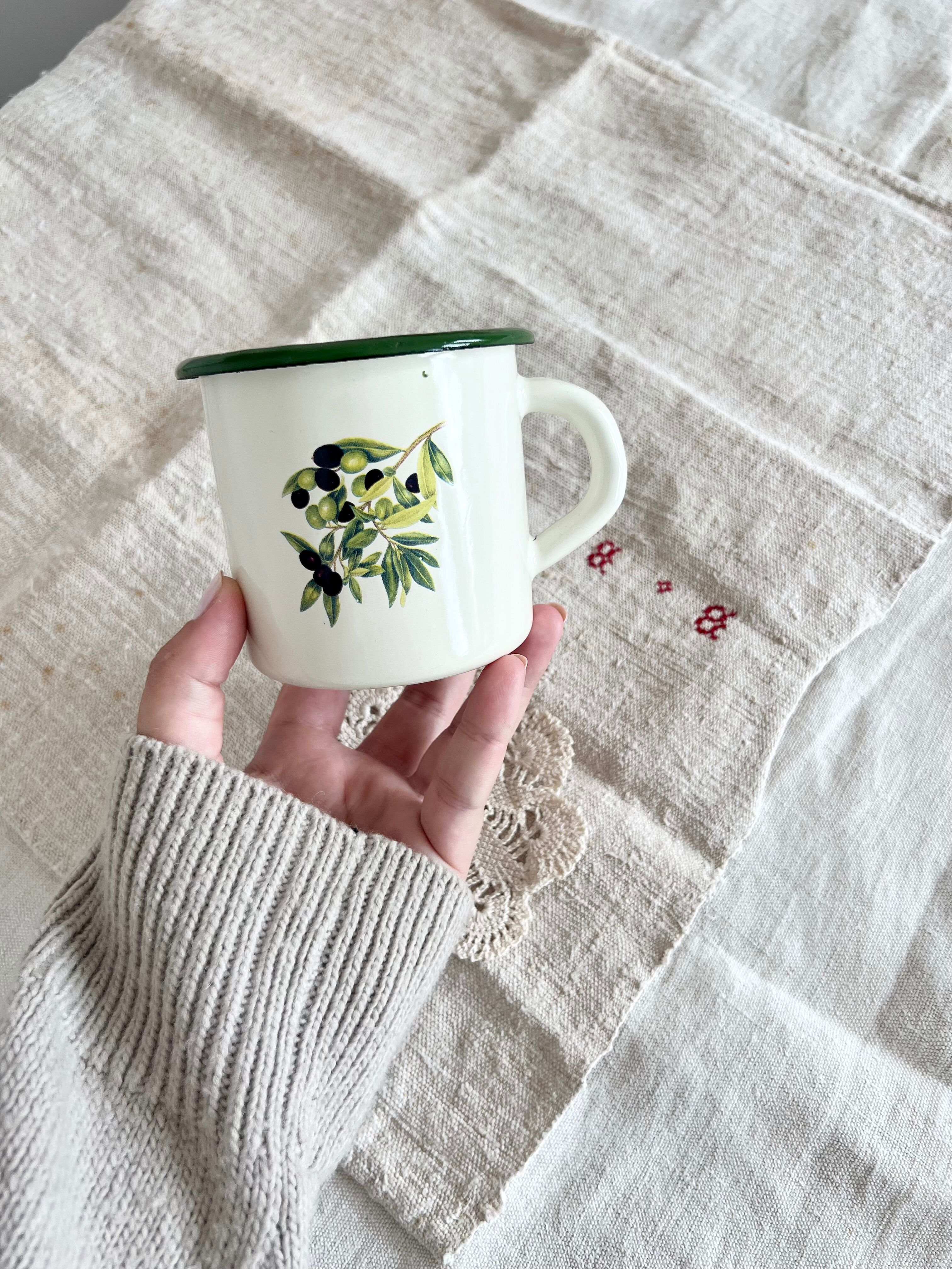 Vintage beige enamelled cup green border olive branch pattern rustic style