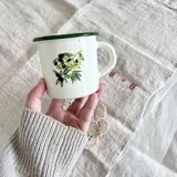 Vintage beige enamelled cup green border olive branch pattern rustic style