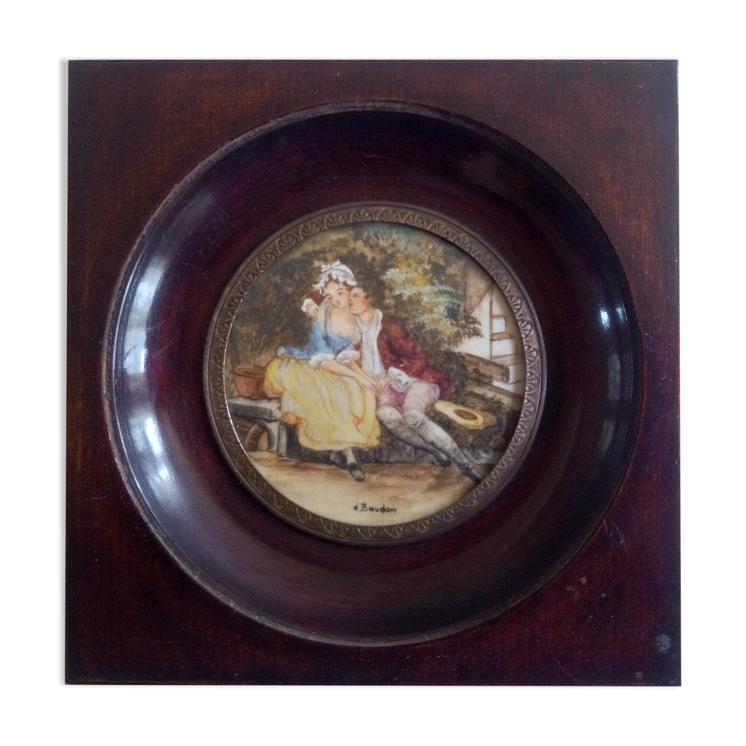 Peinture miniature gouache " Scène galante " signée BAUDOIN