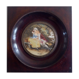 Miniature painting gouache " Gallant scene " signed BAUDOIN
