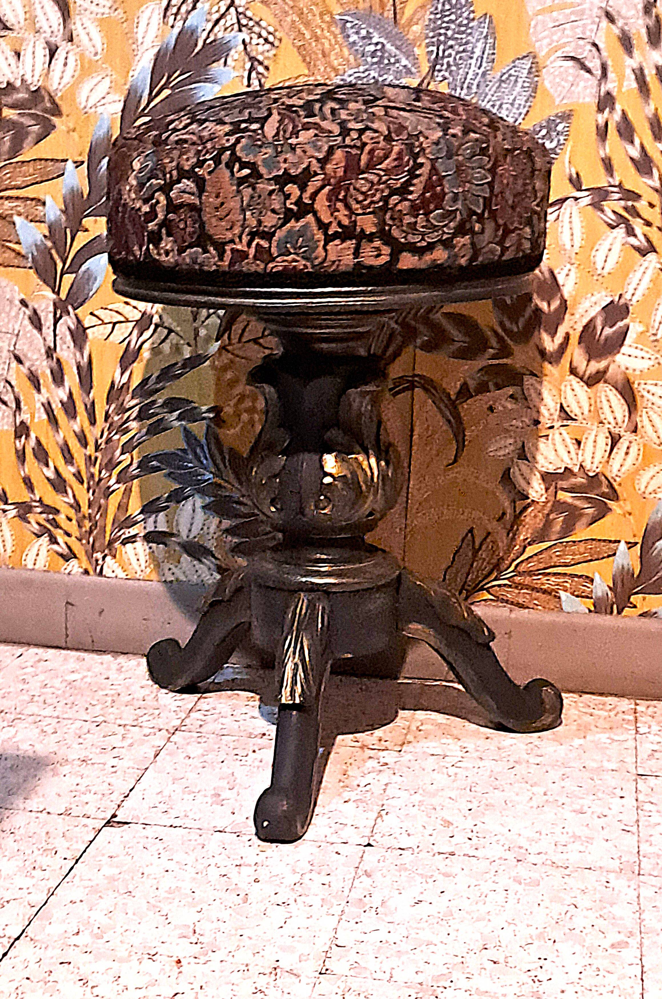 Victorian Piano Stool, Patinated Wood, Upholstered Fabric, 19th Century, France