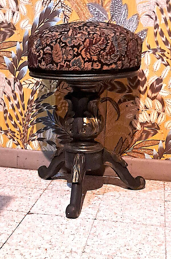 Tabouret Piano Victorien bois patiné Tissu Tapissier XIX France