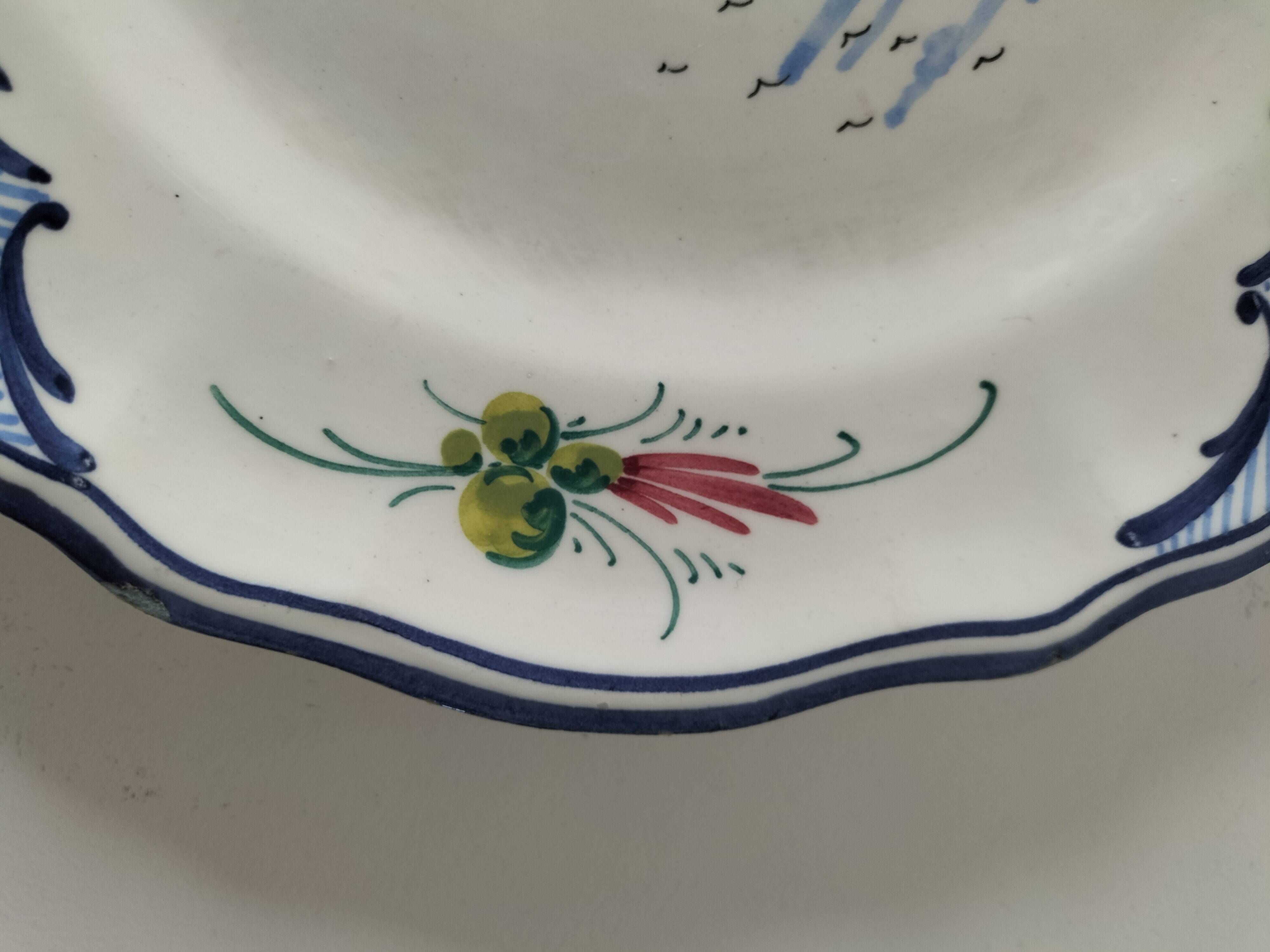 Vintage Breton earthenware plate – naive decor signed MF – Brittany