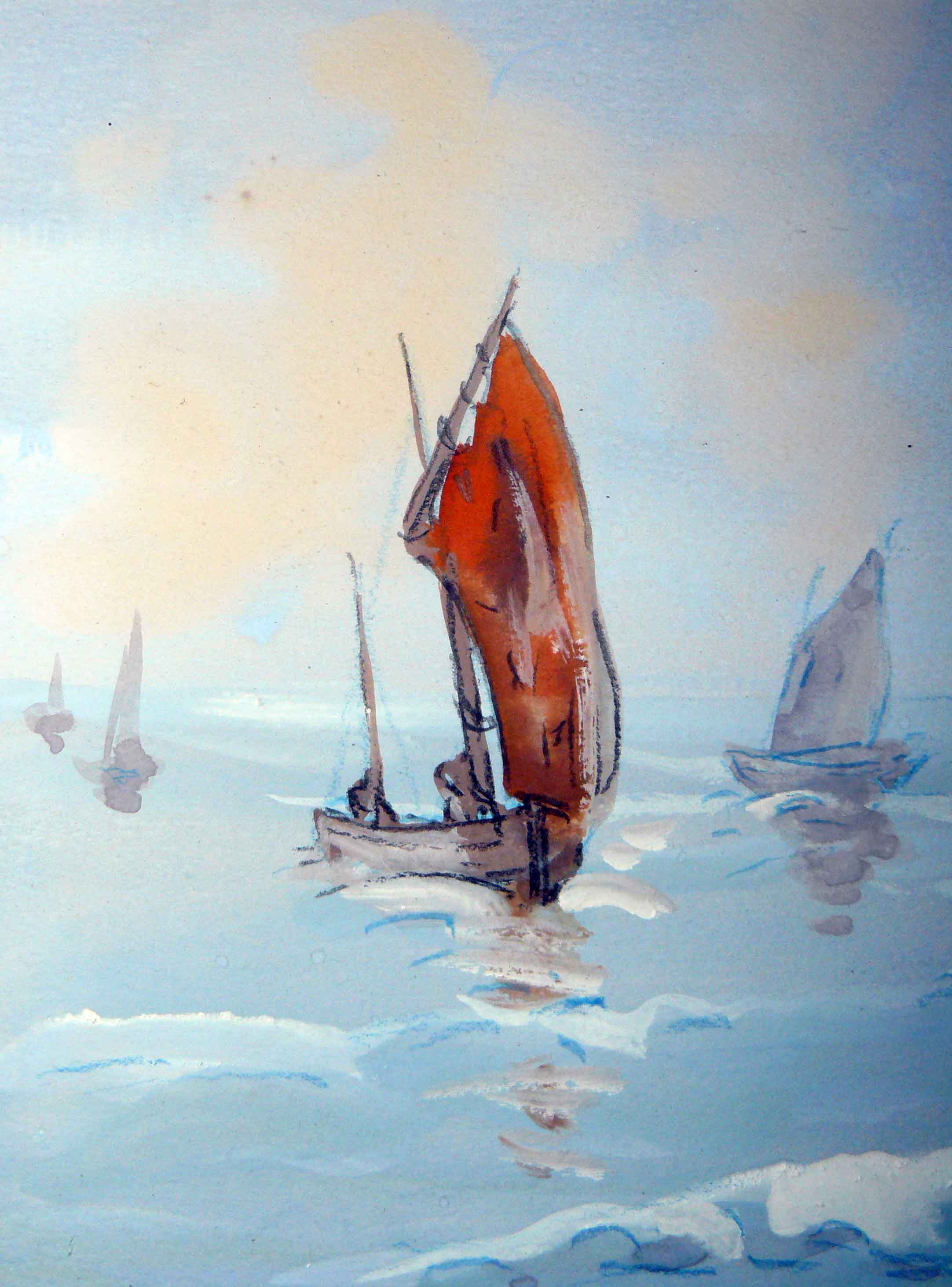 Painting Marine: sailboat, rock and seagulls, signed Padeo