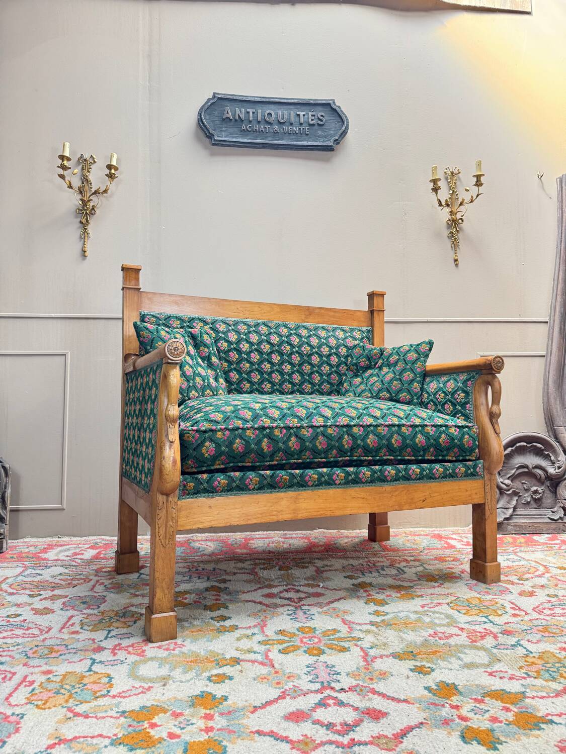 19th century Empire period cherry wood wall bench