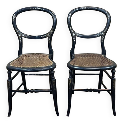Paire de chaises Napoléon III XIXème en bois norci et incrustation de nacre