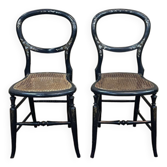 Pair of chairs Napoleon III XIXth in norci wood and mother-of-pearl inlay