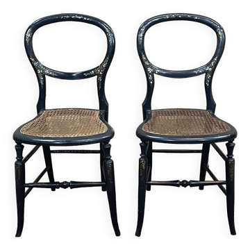 Pair of Napoleon III chairs from the 19th century in dark wood with mother-of-pearl inlay.