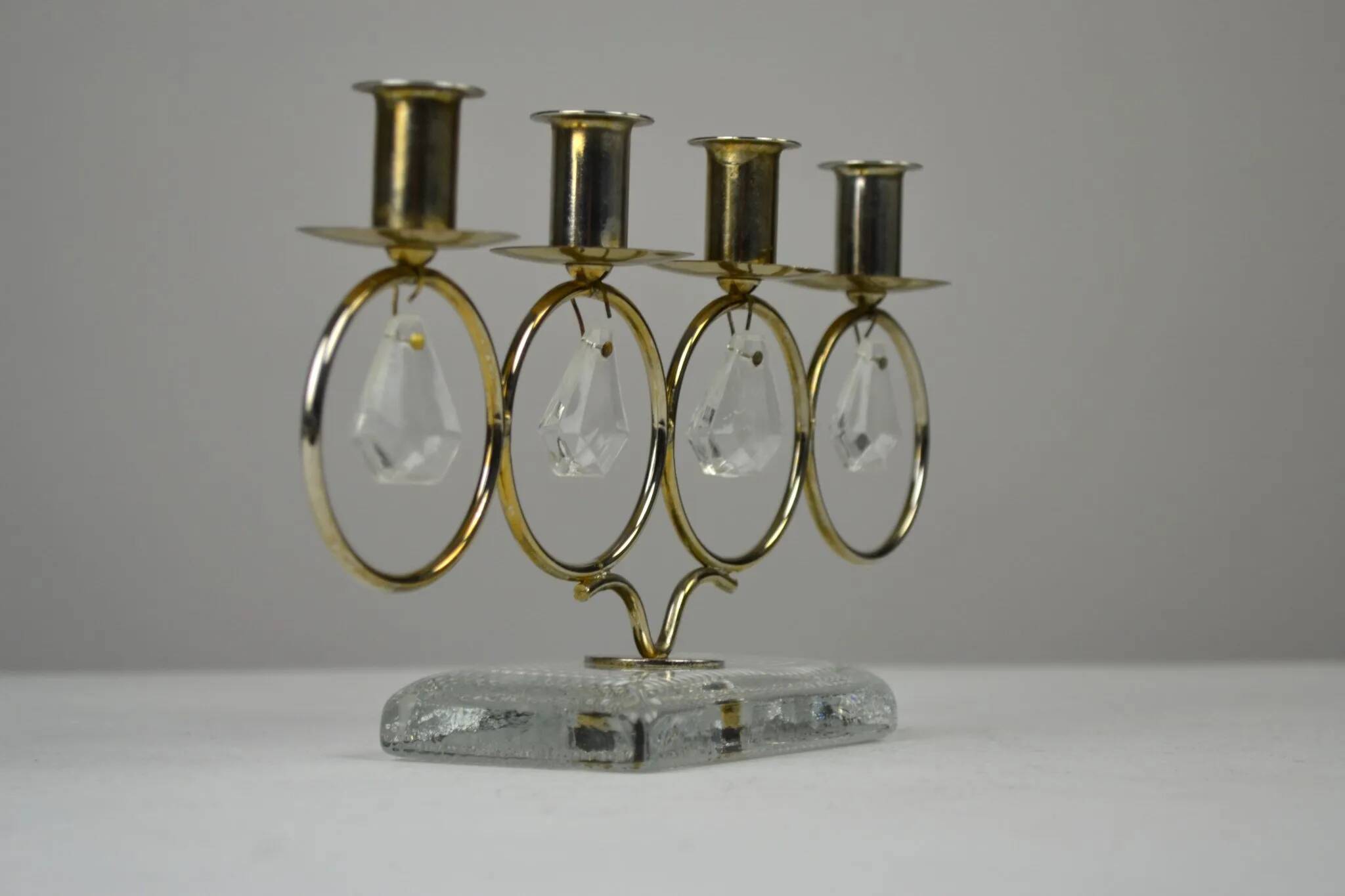 Brass Candelabra with Art Glass Base and Glass Prisms by Gunnar Ander for Ystad-Metall, Sweden, 1950s