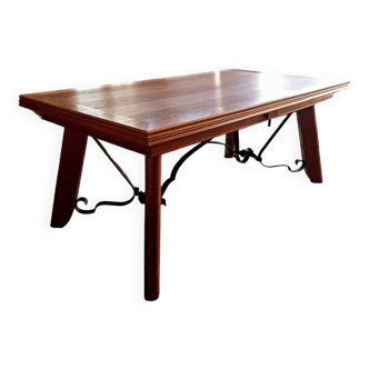 Large table in oak, bronze and wrought iron 1940-1950