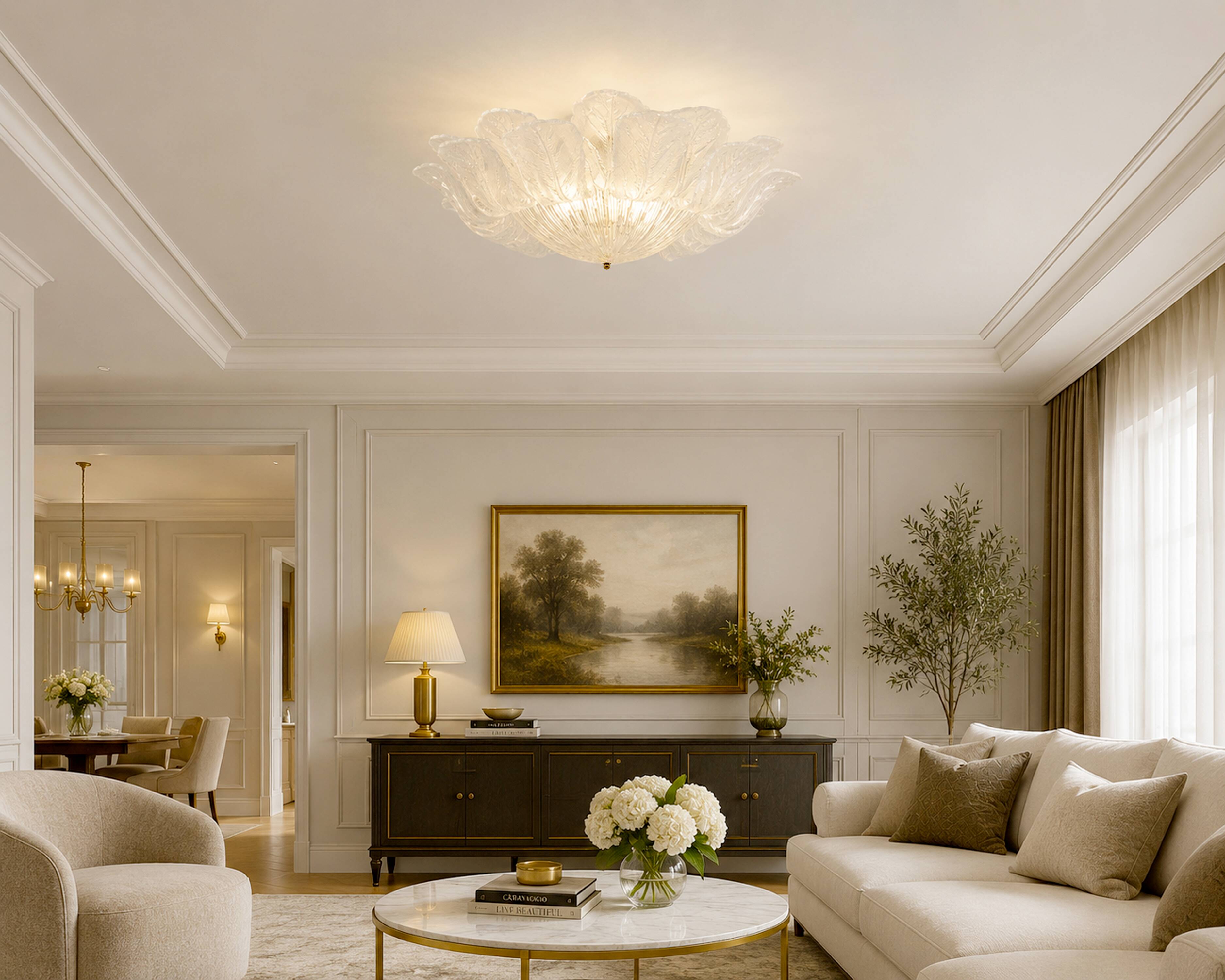 Large Italian Murano Glass Leaf Flush Mount Ceiling Light