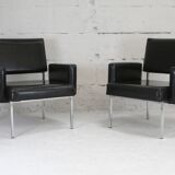 Pair of stainless steel, black leather-like armchairs, France, circa 1970