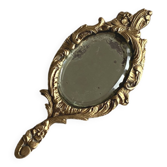Ancien petit miroir de sac à main bronze doré style Louis XV