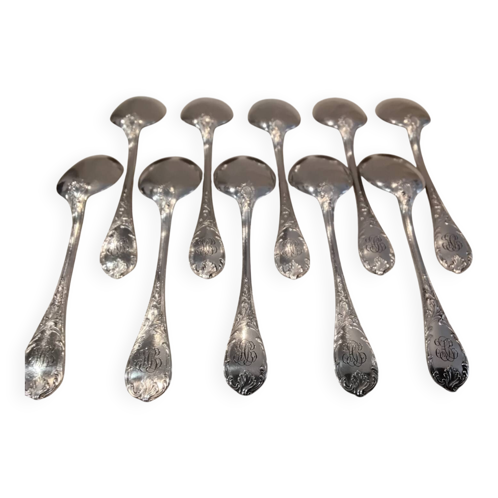 10 silver-plated ice cream scoops, Christofle Marly silversmith, engraved HBC