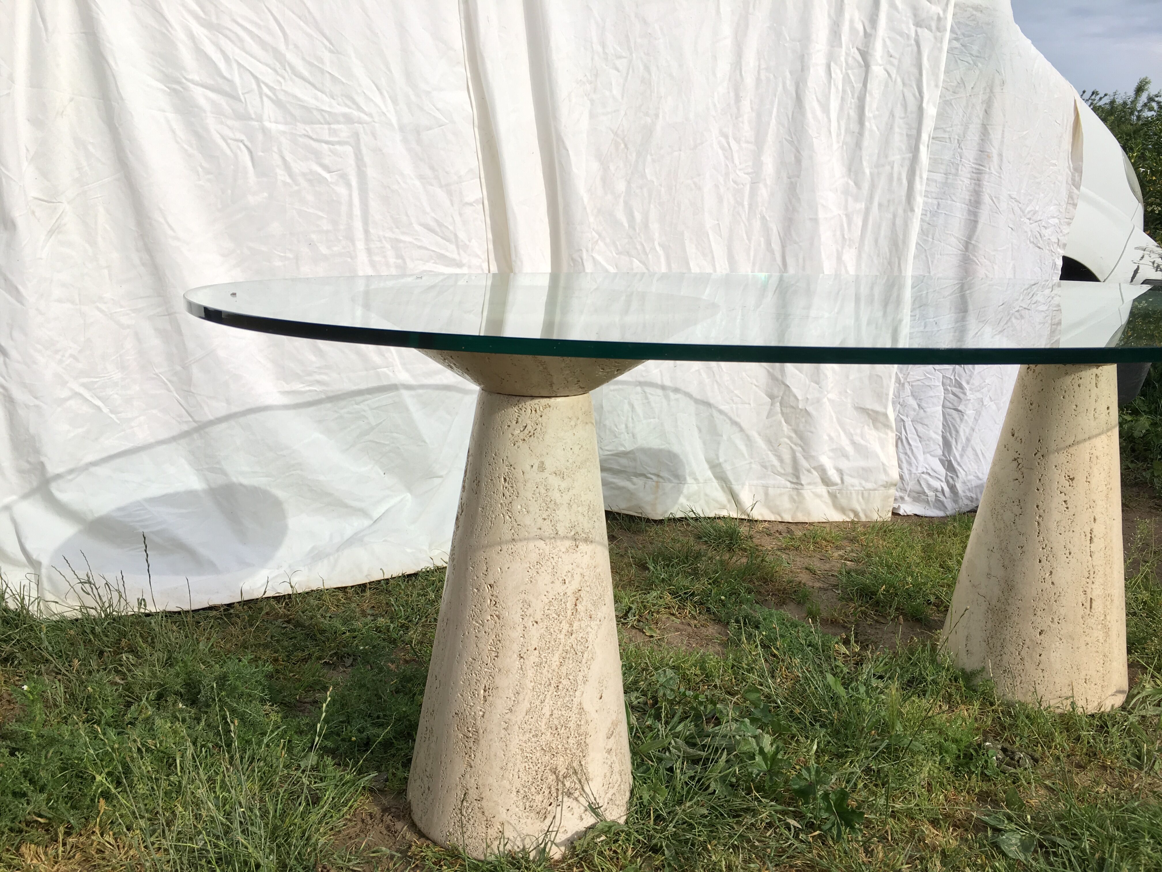 Table glass columns travertine design 1980