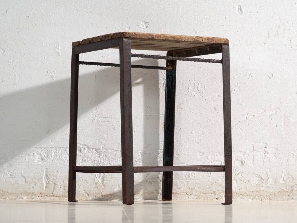 Vintage industrial stool made of pine wood and iron – Central Europe, around 1950